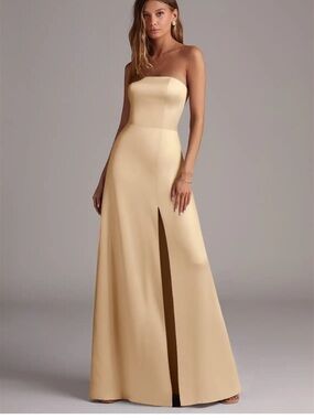 Azazie Strapless Cream Satin A-Line Gown with Front Slit